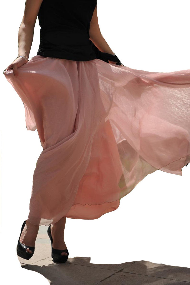 big flare maxi chiffon skirt soft pink color