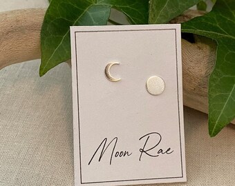 Tiny Sterling Silver Moon Phases Stud Earrings. Full Moon and Crescent Moon. Mix Matched Earring Set. Boho Earring Studs. Minimalist Posts.