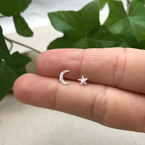 Tiny Hammered Texture Crescent Moon and Star Stud Earrings in Sterling Silver. Mismatched Pair. Sterling Silver Posts. Asymmetrical Studs.