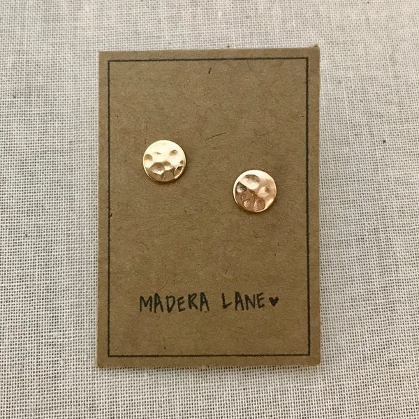 Small Hammer Textured Moon Stud Earrings in Gold with Sterling Silver Posts. Textured Circle Earrings. Boho Jewelry. Moon Phase Earrings.