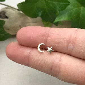 Tiny Crescent Moon and Star Stud Earrings in Gold with Sterling Silver Posts. Mix Matched Earring Set. Boho Jewelry. Asymmetrical Earrings.