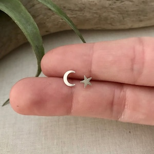 Tiny Crescent Moon and Star Stud Earrings. Mix Matched Earring Set. Sterling Silver Posts. Boho Earring Studs. Gift Under 15. Minimalist
