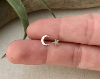 Tiny Crescent Moon and Star Stud Earrings. Mix Matched Earring Set. Sterling Silver Posts. Boho Earring Studs. Gift Under 15. Minimalist