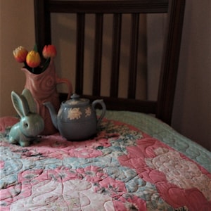 REDUCED Handmade Vintage hand pieced hexagon patchwork, newly remade into a patchwork quilt