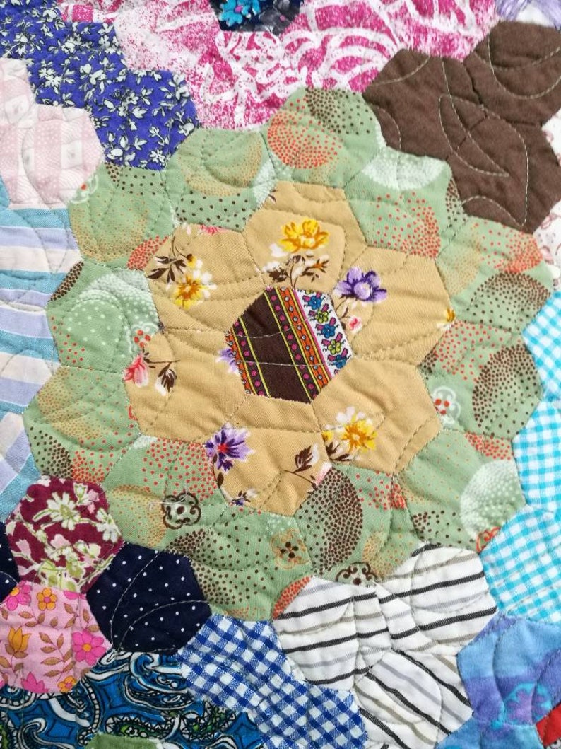 REDUCED Handmade Vintage Hand Pieced Hexagon Patchwork, Made up Into a