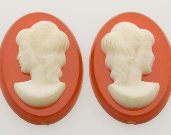 Vintage Acrylic Cabochons Cameo Brown w/ White Lady 18x12mm 1 Pair 20300001