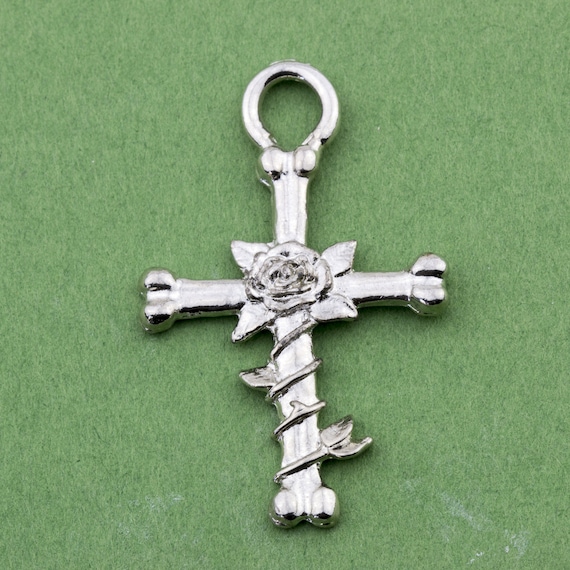 Vintage Shiny Silver Tone Cross with Rose Vine 42x26mm 2pcs for Necklace and Crafts 10512006 Vintage Shiny Silver Tone Cross with Rose Vine 42x26mm 2pcs for Necklace and Crafts 10512006