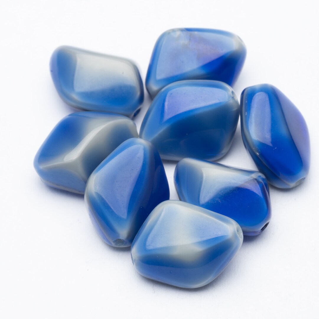 Vintage German Glass Beads Blue/gray Twisted Diamond 14x11mm 8pcs