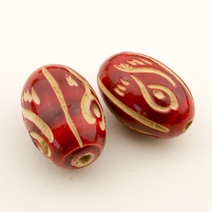 Vintage Large Red Natural Wood Hand Carved Oval Beads 33x18mm 2pcs for Jewelry and Crafts 10208008