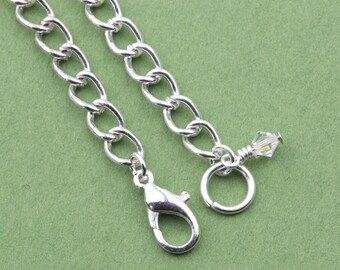 Bracelet Chain; Silver Finished 7mm Curb Link Lobster Clasp Chain Bracelet with Little Swarovski Crystal Charm; 6"-8"; 600-01-010