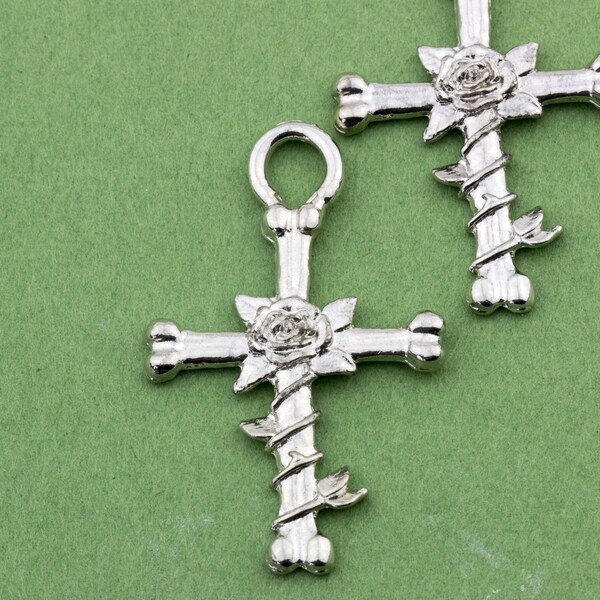 Vintage Shiny Silver Tone Cross with Rose Vine 42x26mm 2pcs for Necklace and Crafts 10512006