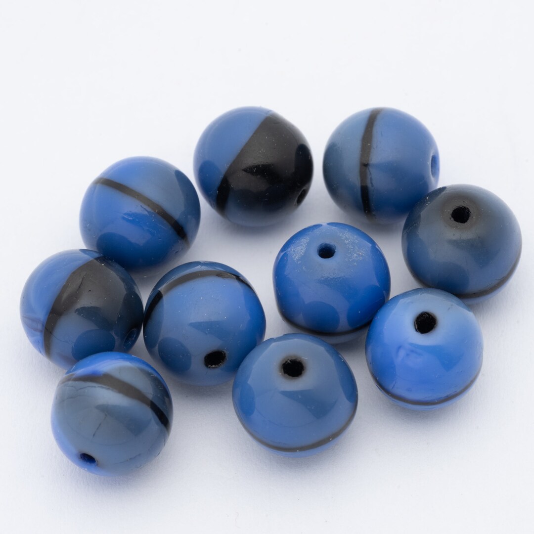 Vintage German Glass Beads Round Navy Blue & Black 10mm 10pcs 10240011