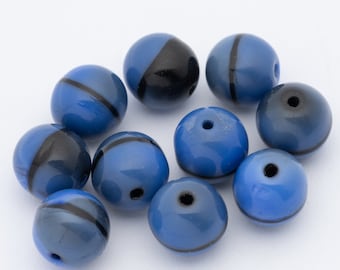 Vintage German Glass Beads Round Navy Blue & Black 10mm 10pcs 10240011