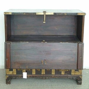 Late 19th century Dark wood Asian Antique Cabinet blanket chest with brass fitting hardware for your hom image 5