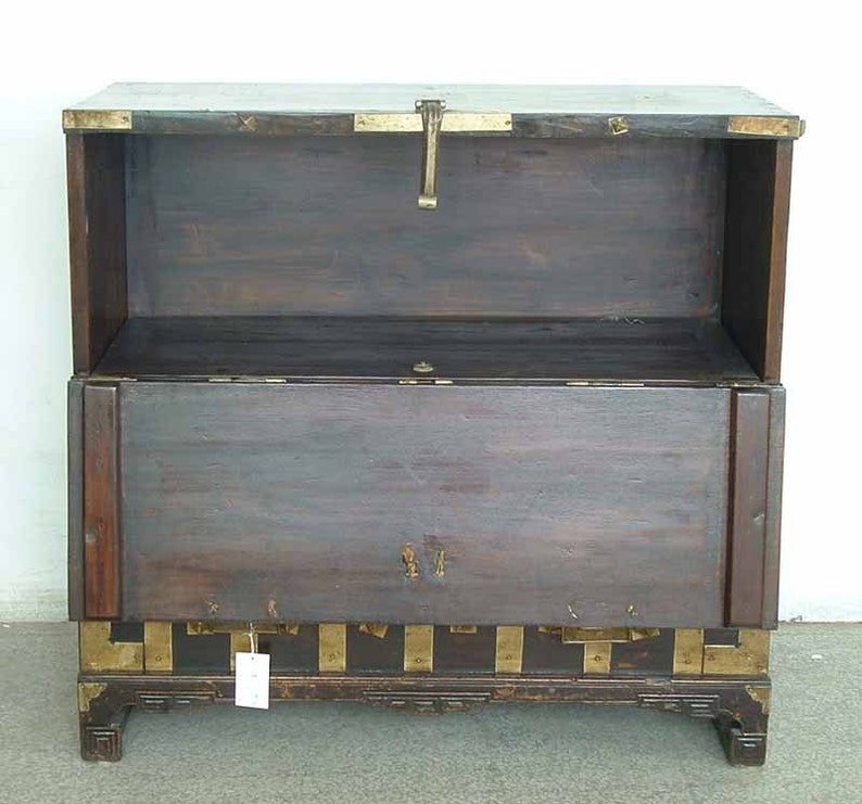 Late 19th century Dark wood Asian Antique Cabinet blanket chest with brass fitting hardware for your hom image 5