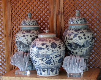 Impressive large blue and white Chinese Fish painted Porcelain jars, Asian interior decor accent for your living room or dining room