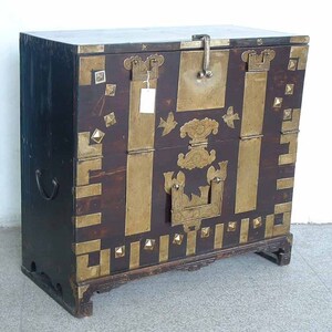 Late 19th century Dark wood Asian Antique Cabinet blanket chest with brass fitting hardware for your hom image 2