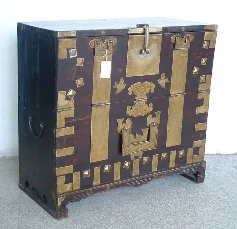 Late 19th century Dark wood Asian Antique Cabinet blanket chest with brass fitting hardware for your hom image 2