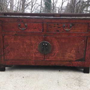 19th Century Chinese Antique Red painted Asian sideboard cabinet Qing Dynasty