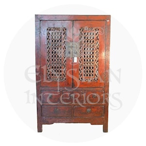 19th Century Rare Asian Fabric Wrapped red Lacquered Chinese Qing dynasty Antique Lattice Armoire Cabinet Circa 1800&#39;s