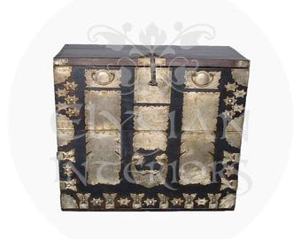 19th century Asian Antique elm dark wood cabinet blanket chest with brass fitting hardware