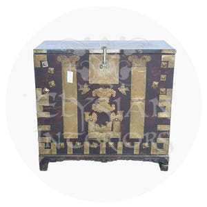 Late 19th century Dark wood Asian Antique Cabinet blanket chest with brass fitting hardware for your hom image 1