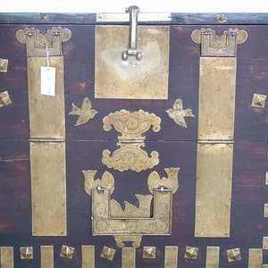 Late 19th century Dark wood Asian Antique Cabinet blanket chest with brass fitting hardware for your hom image 4