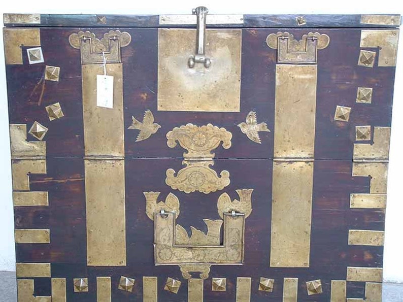 Late 19th century Dark wood Asian Antique Cabinet blanket chest with brass fitting hardware for your hom image 4