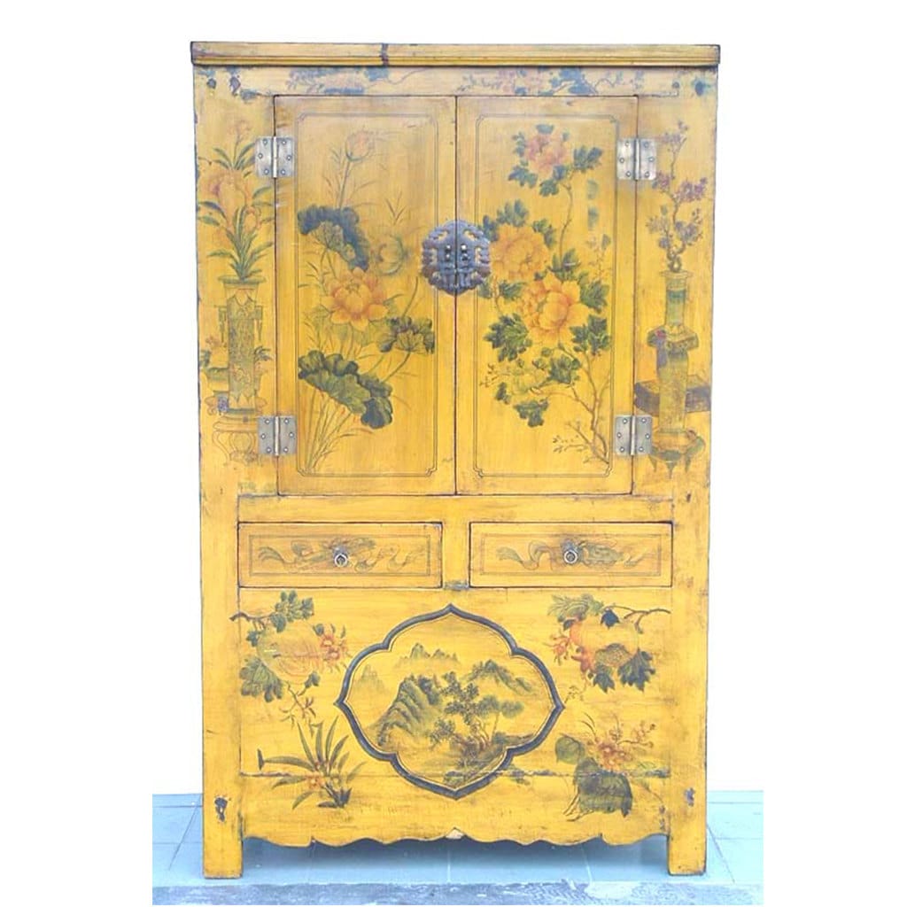 19th Century Asian Rare Yellow Lacquered + Painted Flowers Antique