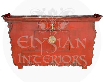 19th centrury red lacquered Qing dynasty Chinese Asian antique altar chest Cabinet Circa 1800's