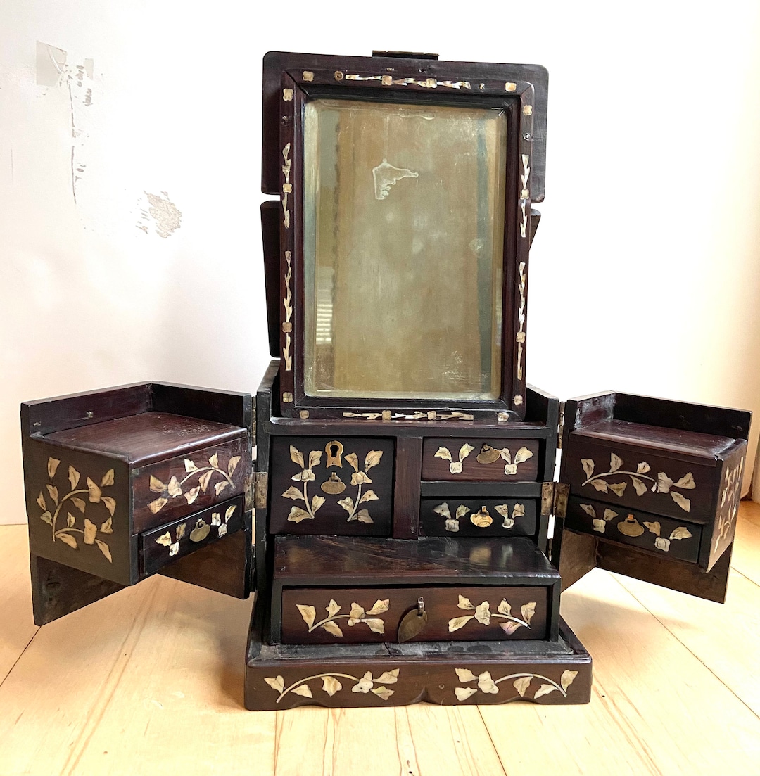 1800's Chinese Antique Rosewood Mother of Pearl Jewelry Box With