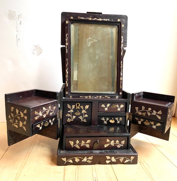 1800's Chinese Antique Rosewood Mother of Pearl Jewelry Box With
