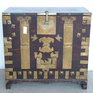 Late 19th century Dark wood Asian Antique Cabinet blanket chest with brass fitting hardware for your hom image 3