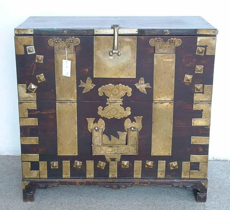 Late 19th century Dark wood Asian Antique Cabinet blanket chest with brass fitting hardware for your hom image 3