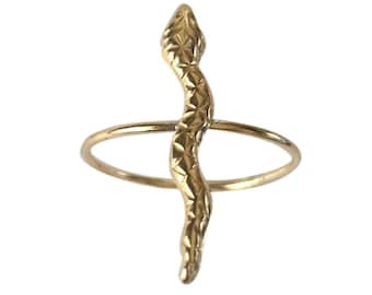 May include: A gold snake ring with a textured design. The snake is coiled around the ring band.