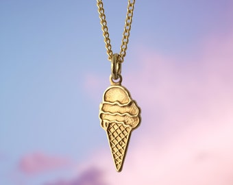 ICE CREAM CONE Pendant Necklace on 18" Gold Plated Chain