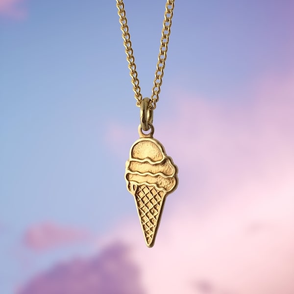 ICE CREAM CONE Pendant Necklace on 18" Gold Plated Chain