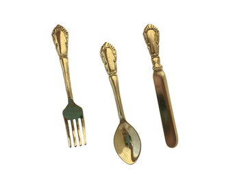 Gold Cutlery Knife Fork Spoon Brass Big Earrings