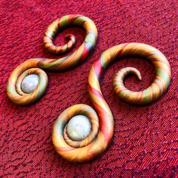 Labradorite Spiral Gauged Earrings--2g