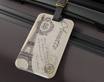 Vintage Paris Luggage Tag, Personalized Eiffel Tower Custom Vintage Design Artwork, Travel Lovers Accessories, Gift Idea, Leather Strap