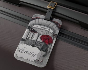 Personalized Paris Luggage Tag, Red Umbrella Custom Paris Metro Handmade Artwork, Baggage, Suitcase, Paris Travel Lovers Gift Idea, Identity