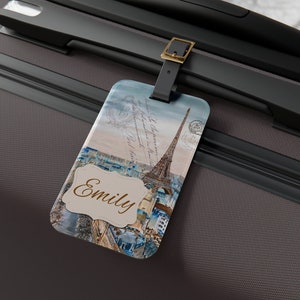 Personalized Eiffel Tower Luggage Tag Custom Vintage Paris Handmade Artwork, Gift Idea, Paris Design Suitcase Tag, Travel Lovers Baggage Tag