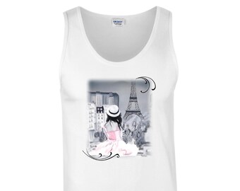 Ręcznie robione na zamówienie topy Paris Tank Top z grafiką Wieży Eiffla, prezent dla niej, wyjątkowe topy Paris Tank Top, wzór Parisian Pink Black, koszulka Tank Top