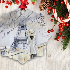 Vintage Paris Eiffel Tower Holiday Ornaments Christmas Tree Decorations Beige Cream Silver Paris City Landscape Interior Metal, Her Gift