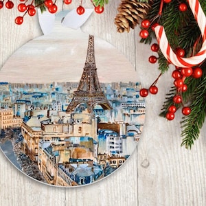 Paris Eiffel Tower Holiday Christmas Tree Ornaments, Metal Decorations, Paris Cityscapes, Blue Rooftops Indoor Decor, Gift Ideas, Gold Beige