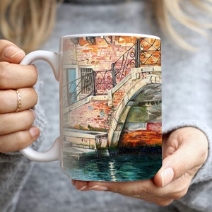 Venetian Canal Coffee Mug, Venice, Handmade Artwork Tea Cup, Italian Lovers, Unique Gift Idea, Tall Large, Bridge Water, Old World Italy