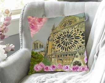 Custom Paris Cushion pink flower Painting Pillow, Decor Cushion, throw, Paris toss pillow, Paris design decorative cushion, handmade artwork