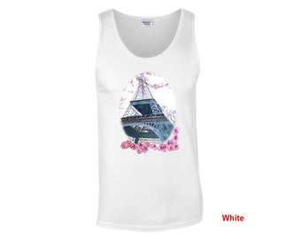 Handmade Paris Tank Tops with Custom Eiffel Tower Artwork Design, gift for her, Paris graphic tanks, unique Pink blossoms Tank Top design