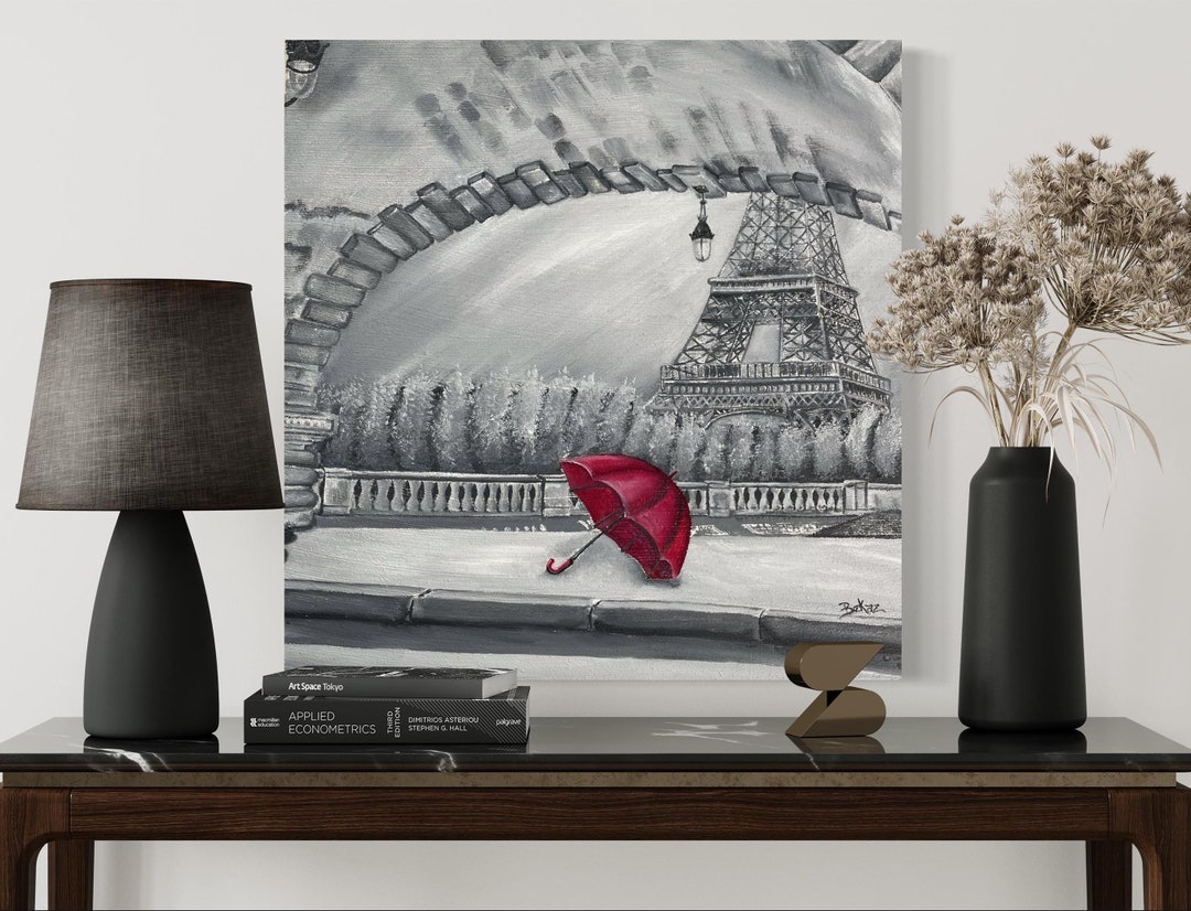 Custom Paris Red Umbrella Wall Art, Eiffel Landscape, Paris Canvas