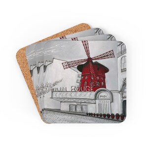 Paris Moulin Rouge Corkwood Coaster Set, Drink Holder, Handmade Artwork, Set of Four (4), Paris Lover, Red Windmill, Black White, Landmark